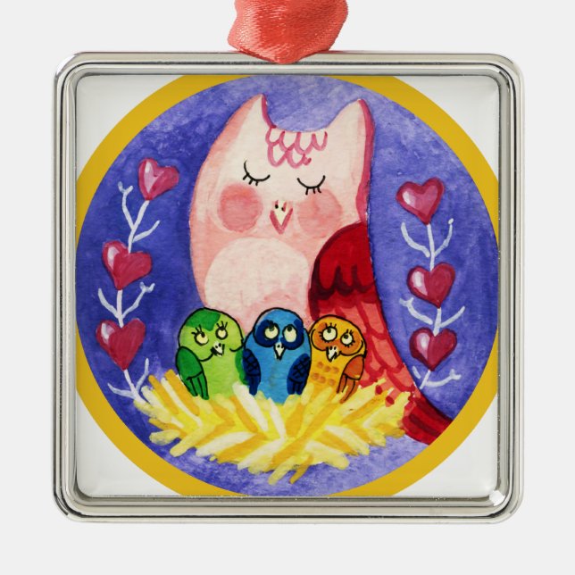 Owl mother of triplets metal tree decoration (Front)