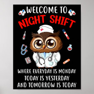 Owl Night Shift Funny Nurse Nursing Rn Lpn Cna For Poster