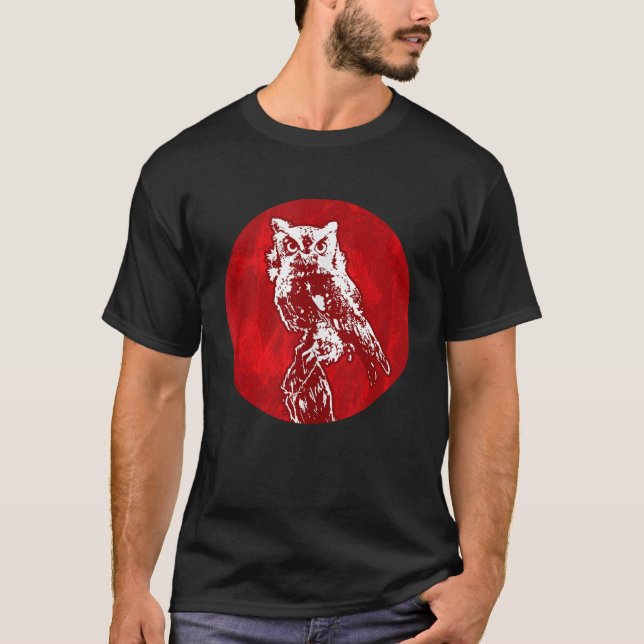 Owl Noctrurnal Animal Ornithology Red Moon Hallowe T-Shirt (Front)