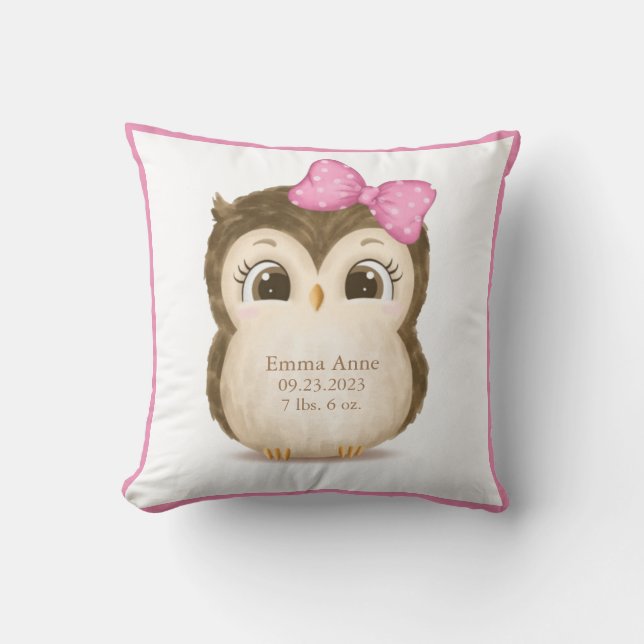 Owl Nursery Birth Stats Girly Keepsake Watercolor Cushion (Front)