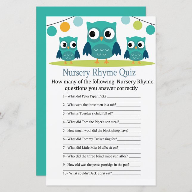 Owl Nursery Rhyme Quiz baby shower game (Front/Back)
