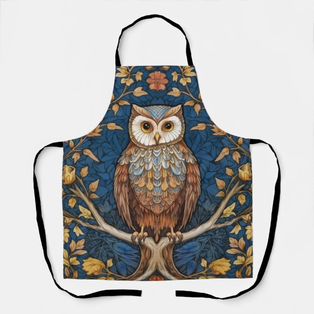 Owl on a branch blue autumn background art nouveau apron (Front)