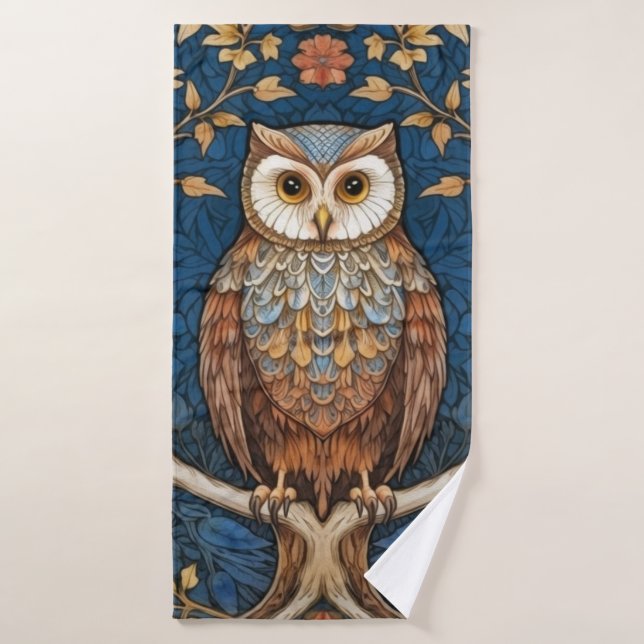 Owl on a branch blue autumn background art nouveau bath towel (Bath Towel)