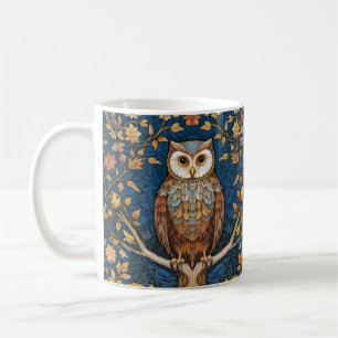 Owl on a branch blue autumn background art nouveau coffee mug