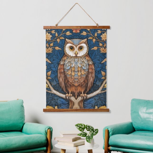 Owl on a branch blue autumn background art nouveau hanging tapestry (Living Room)
