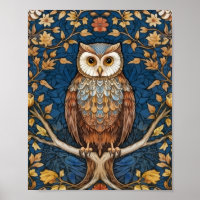 Owl on a branch blue autumn background art nouveau