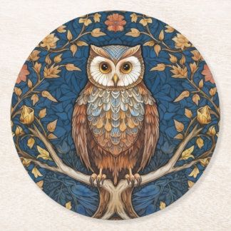 Owl on a branch blue autumn background art nouveau round paper coaster