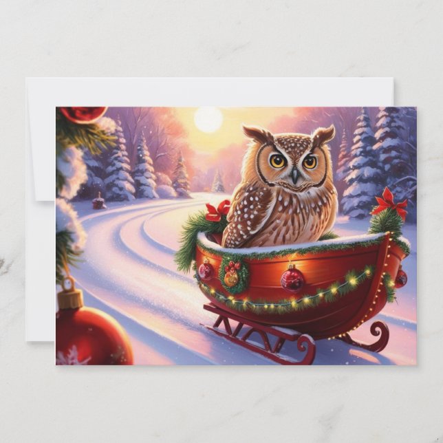 Owl on a sledge during the holidays invitation (Front)