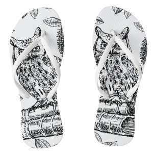 Owl on Books (Black and White) Jandals