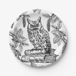Owl on Books (Black and White) Paper Plate