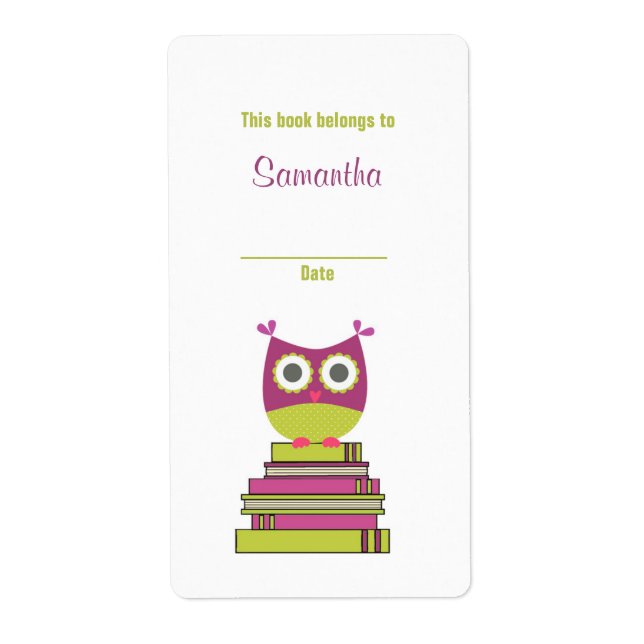 Owl on Books Bookplate Label Purple/Chartreuse (Front)
