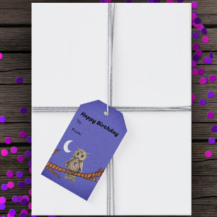 Owl on Branch Gold Eyes Crystal Necklace Purple Gift Tags