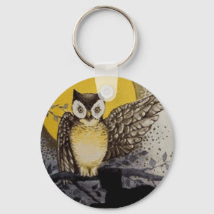Owl on Branch In front of Moon watching black cat Key Ring