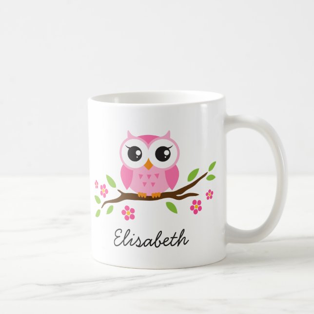 Owl on branch with pink flowers personalised name coffee mug (Right)