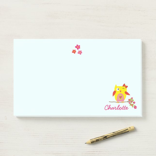 Owl on branch with Pink Flowers Personalised Name Post-it Notes (On Desk)