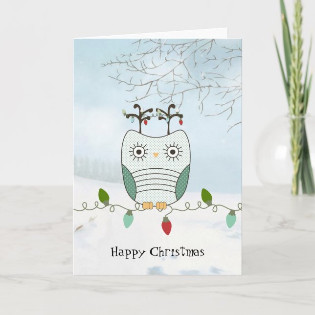 Owl on Christmas Lights Holiday Card (Front)