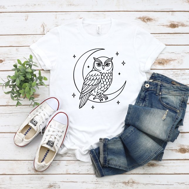  Owl on Crescent Moon with Stars Line Art T-Shirt (Creator Uploaded)