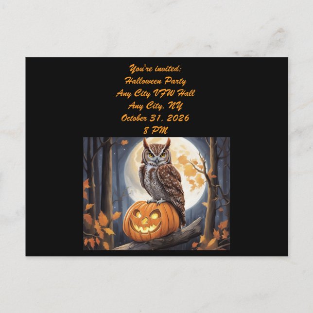 Owl on Jack-o-Lantern Halloween Invitation Postcard (Front)