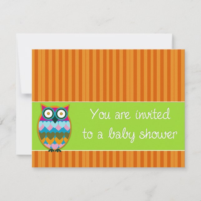 Owl on orange stripes baby shower invitation (Front)