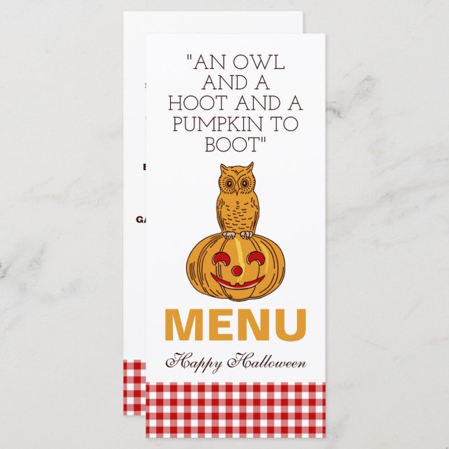Owl on Pumpkin Gingham Pattern Menu (Front/Back)
