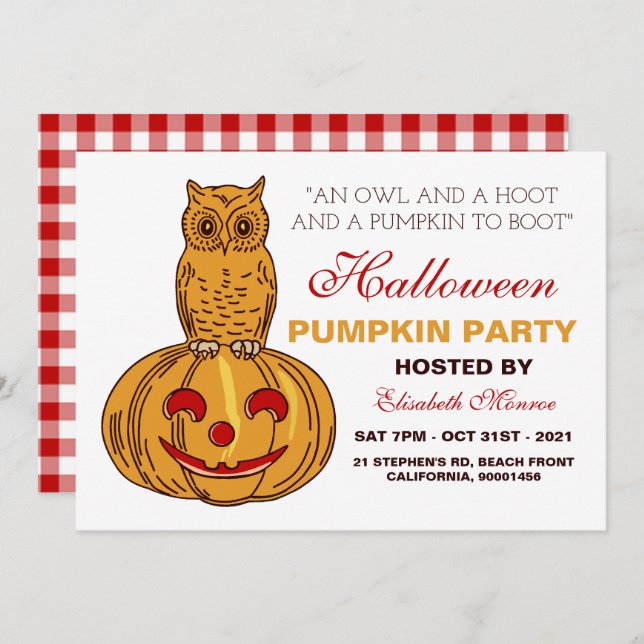 Owl on Pumpkin Halloween Pumpkin Party Gingham Invitation (Front/Back)