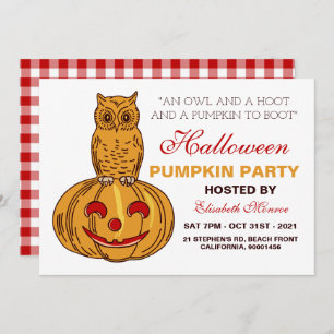 Owl on Pumpkin Halloween Pumpkin Party Gingham Invitation
