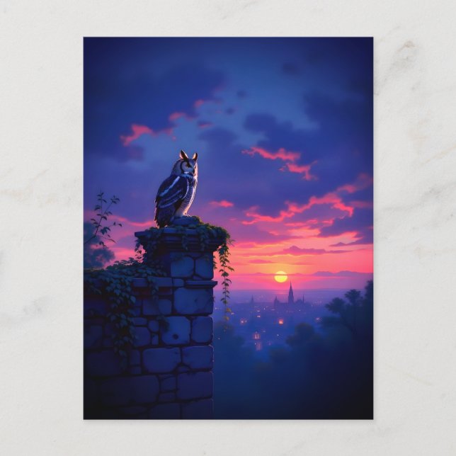 Owl on Sunset City Rooftop Postcard (Front)