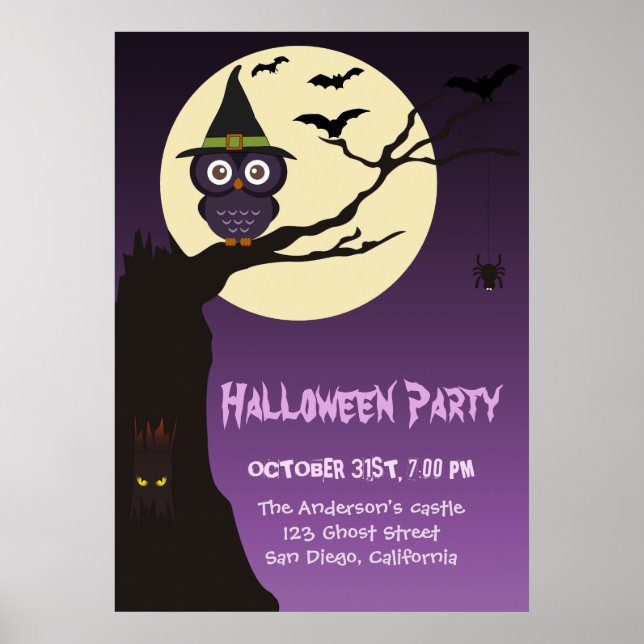 Owl on tree branch Halloween Birthday Party Poster (Front)
