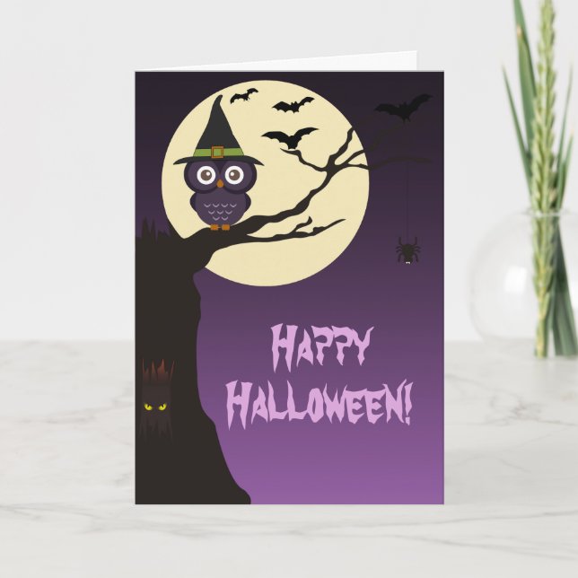 Owl on tree branch Halloween Greeting Card (Front)
