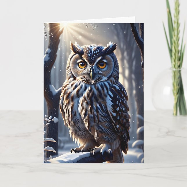 Owl on Tree Branch in Snowy Forest Blank  Thank You Card (Front)