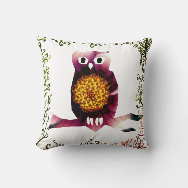 Owl, Owl Bird Floral Art  Throw Cushion (Front)