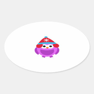 Owl Owls Bird Purple Winter Red Hat Cute Cartoon Oval Sticker