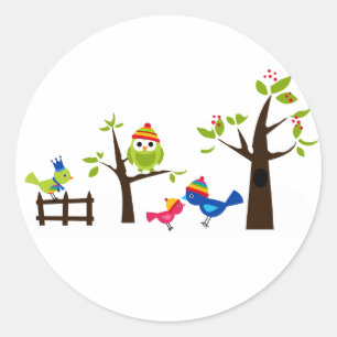 Owl Owls Birds Winter Snow Cute Tree Cartoon Classic Round Sticker