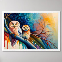 owl painting perch tree branch paint colourful dri