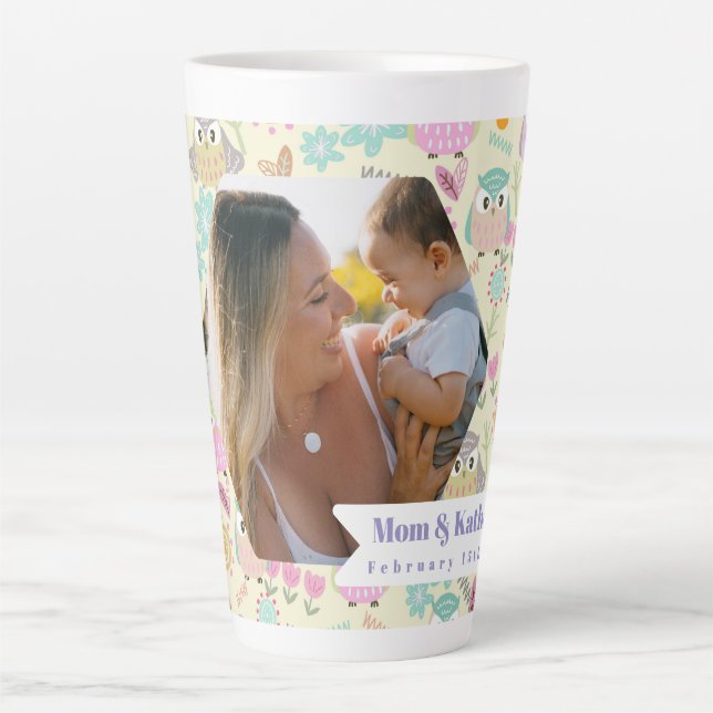 Owl Pastel Yellow Photo Latte Mug (Front)