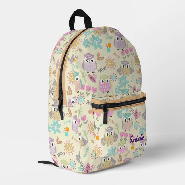 Owl Pastel Yellow Printed Backpack (Back Corner Left)