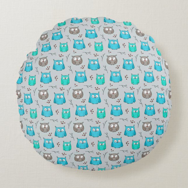 Owl pattern non repeating round cushion (Front)