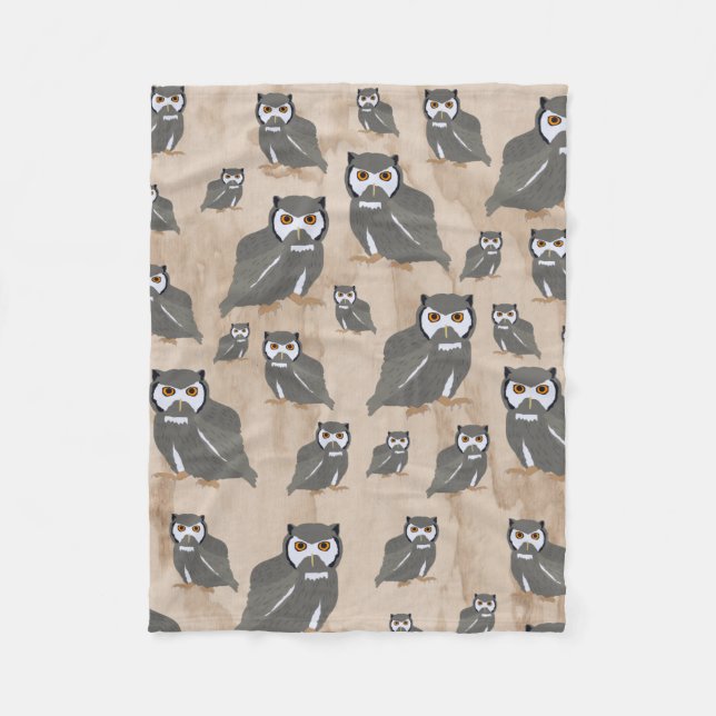Owl Pattern & Rustic Wood  Fleece Blanket (Front)