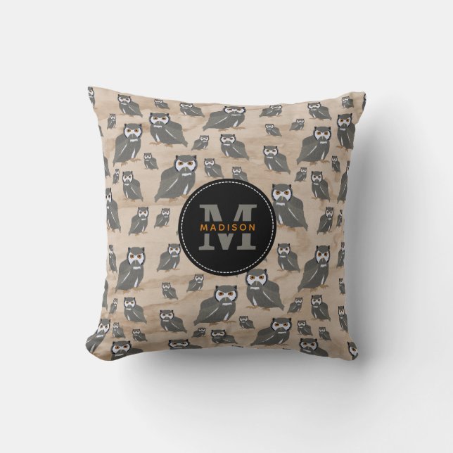 Owl Pattern & Rustic Wood Monogram  Cushion (Front)