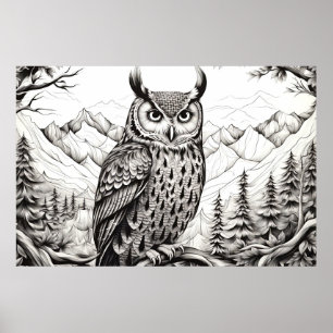 Owl Peaceful Nature Prairie Sketch Drawing Style Poster