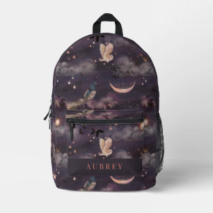 Owl & Peacock Crescent Moon Starry Night Sky Printed Backpack