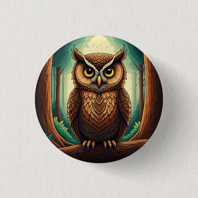 Owl perched on a tree log in a forest 3 cm round badge (Front)