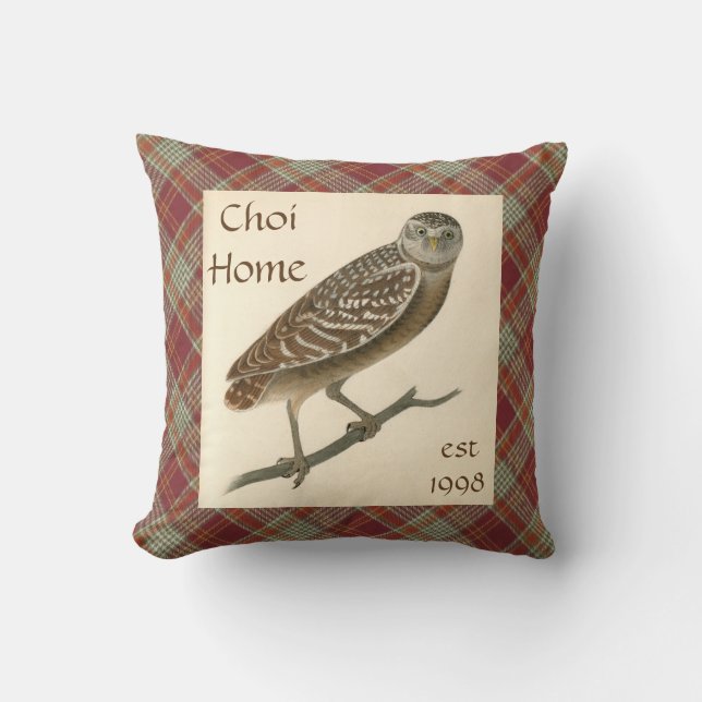 Owl Personalised Red Plaid Throw Pillow (Front)