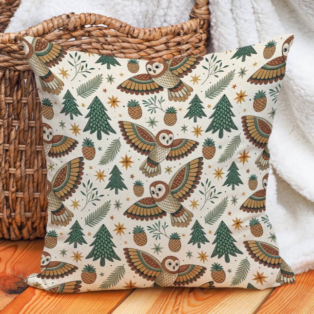 Owl Pine Trees Cones Stars  Nature Warm  Cushion (Owl and pine trees pillow)