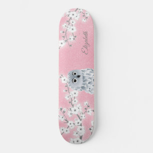 Owl  Pink Glitter Cherry Blossoms Monogram   Skate Skateboard