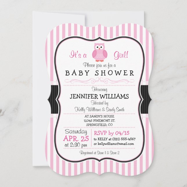 Owl; Pink Stripes Baby Shower Invitation (Front)