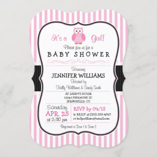 Owl; Pink Stripes Baby Shower Invitation