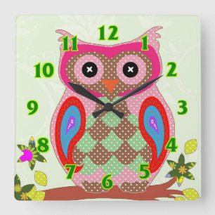 Owl polka dots colourful cute animal baby nursery square wall clock