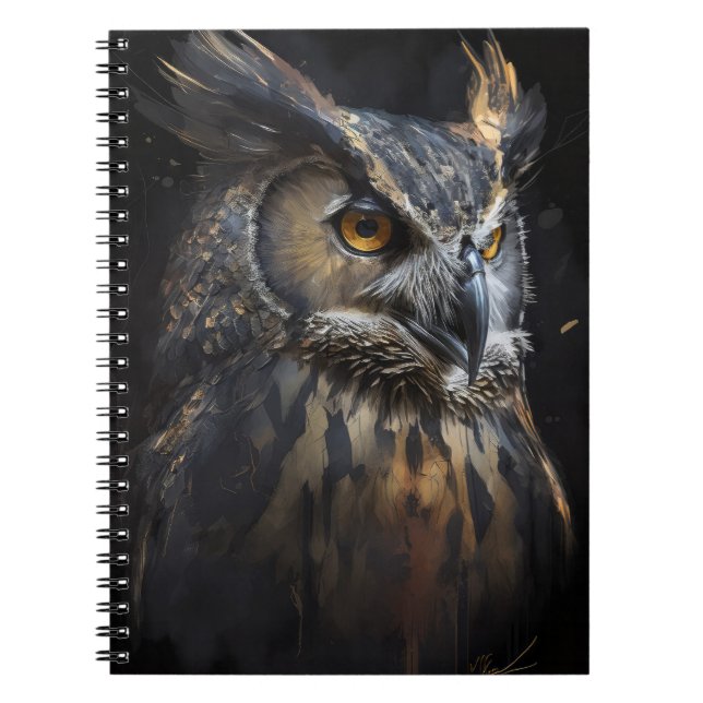 Owl Portrait Animal Nature Wildlife Dark Painting  Notebook (Front)