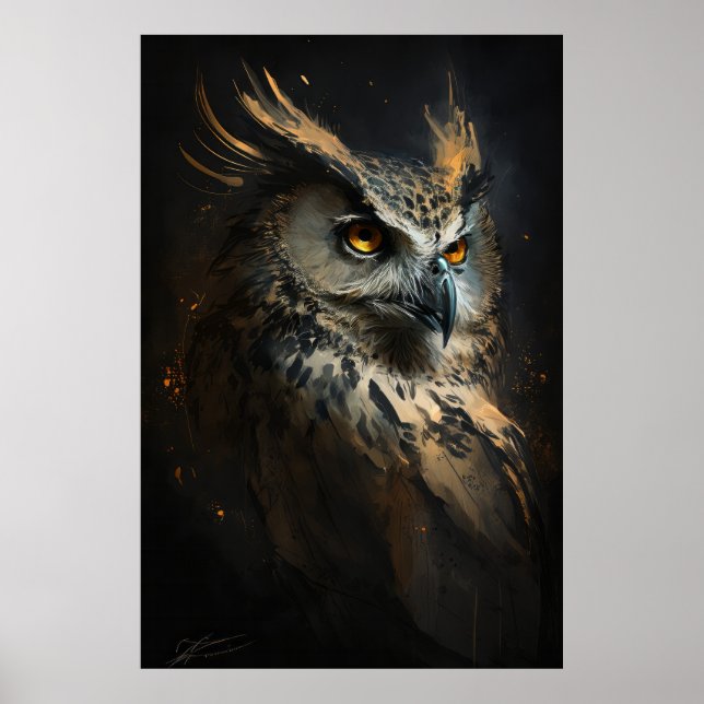 Owl Portrait Animal Nature Wildlife Dark Painting  Poster (Front)